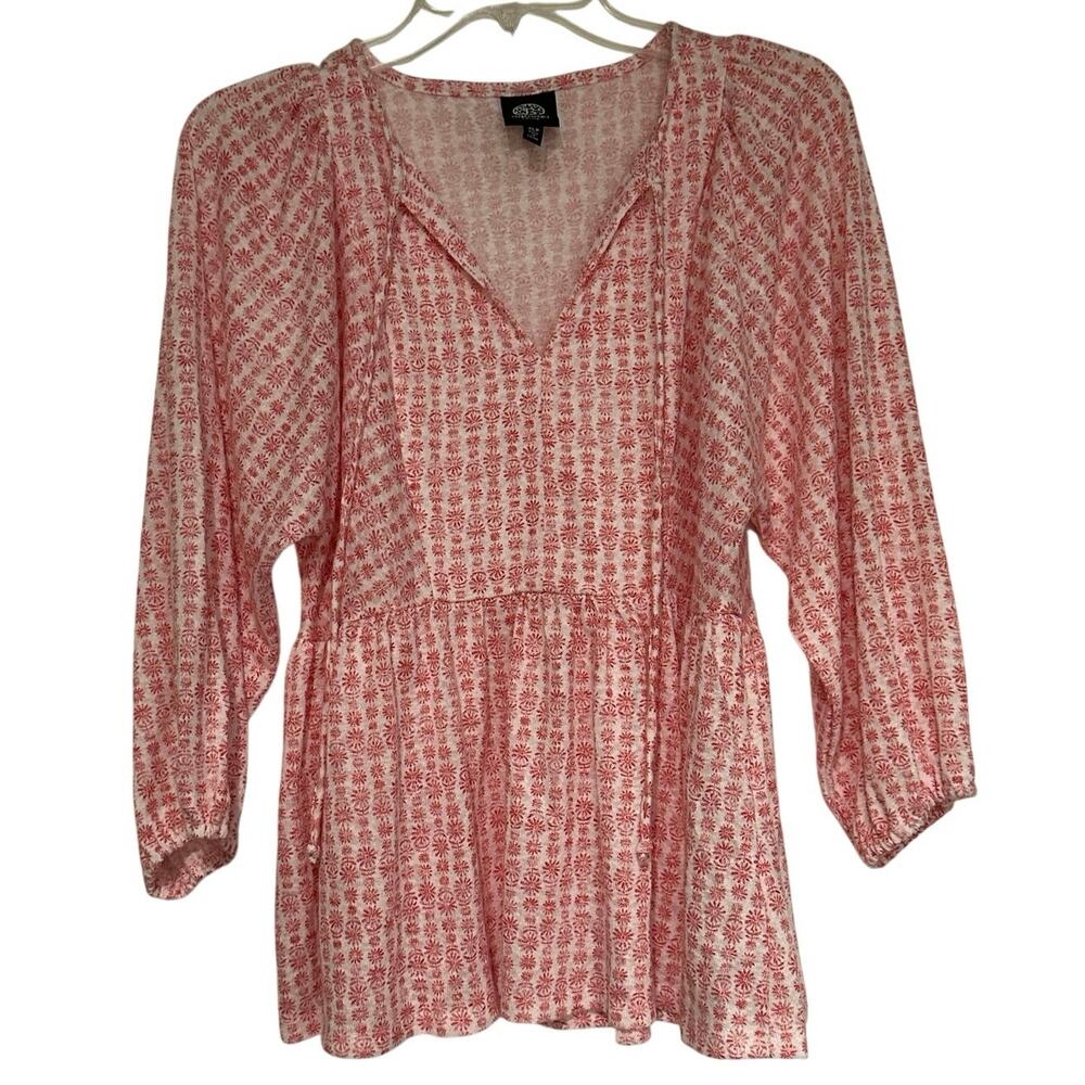 Bobeau Petite XL Patterned Knit Boho Longsleeve Blouse XLP EUC Tie Neckline